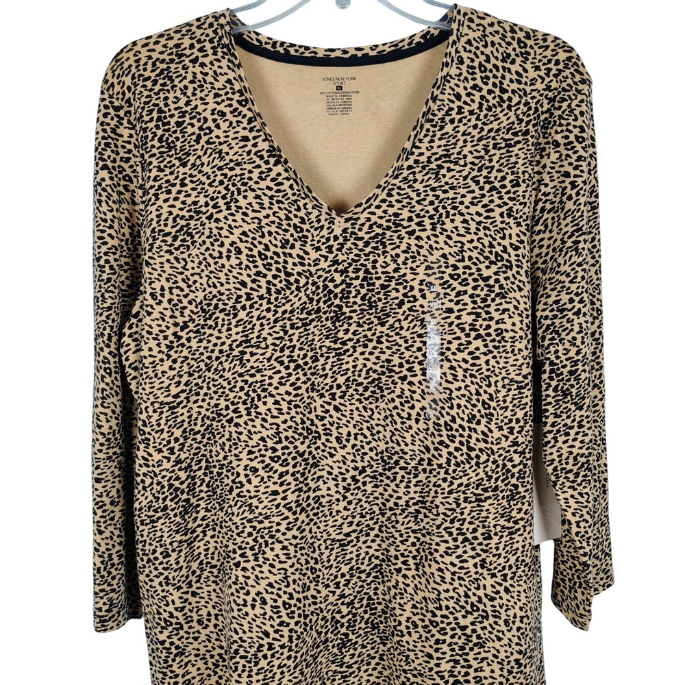 NWT Jones New York Womens XL Leopard Print V-Neck Top Tan Black Cotton Mobwife